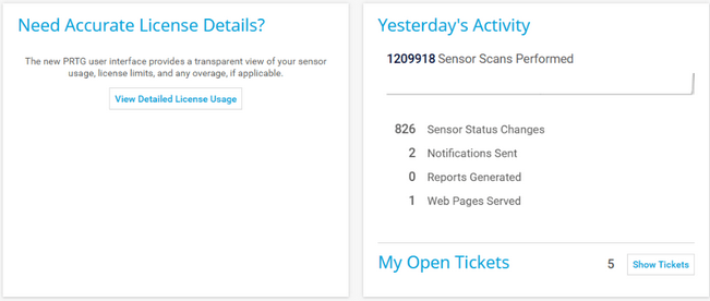 License Status Section and Yesterday's Activity Section on the Welcome Page